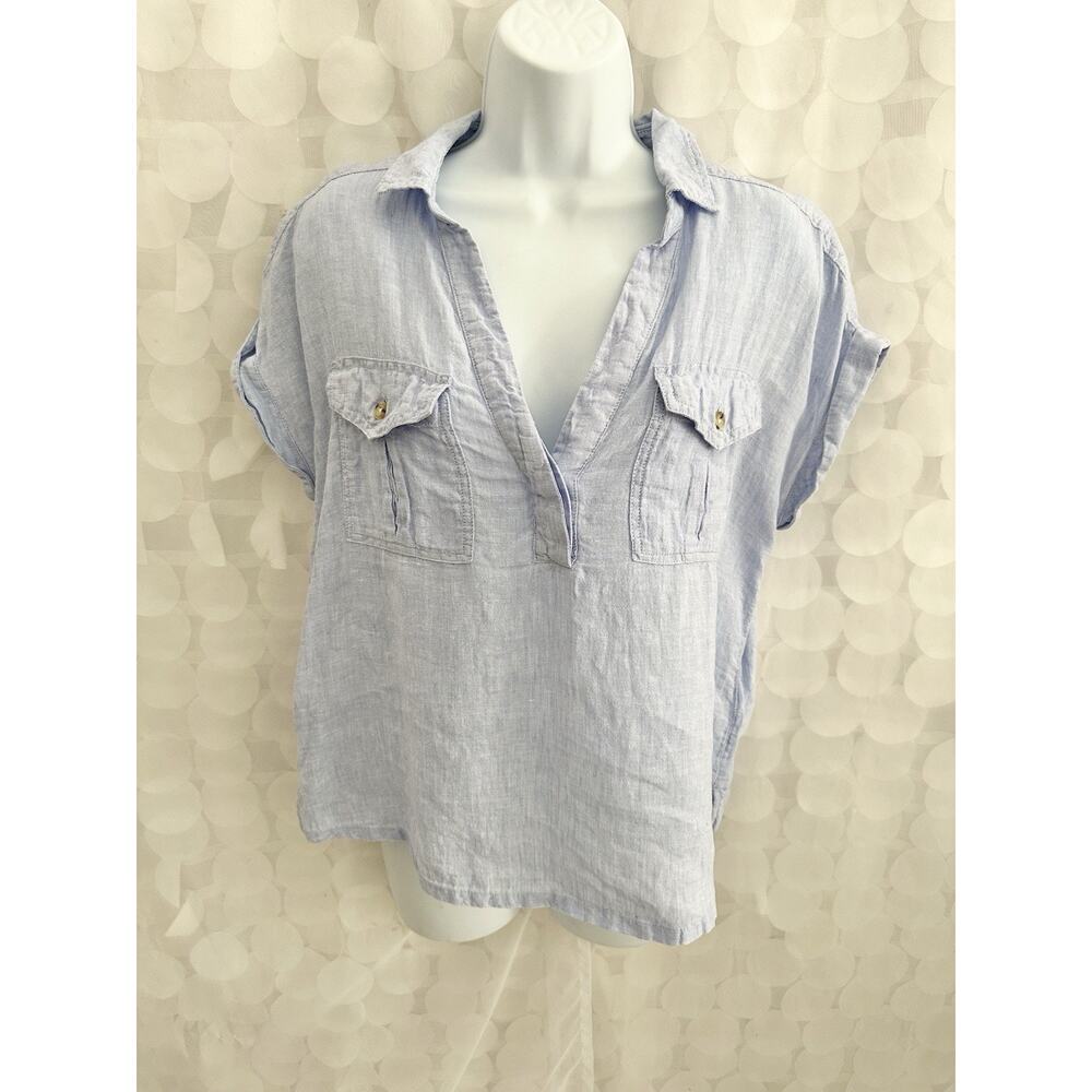 Nicole Miller 100% Linen Shirt Women's S Blue Short Sleeve Cottage Boho Beach